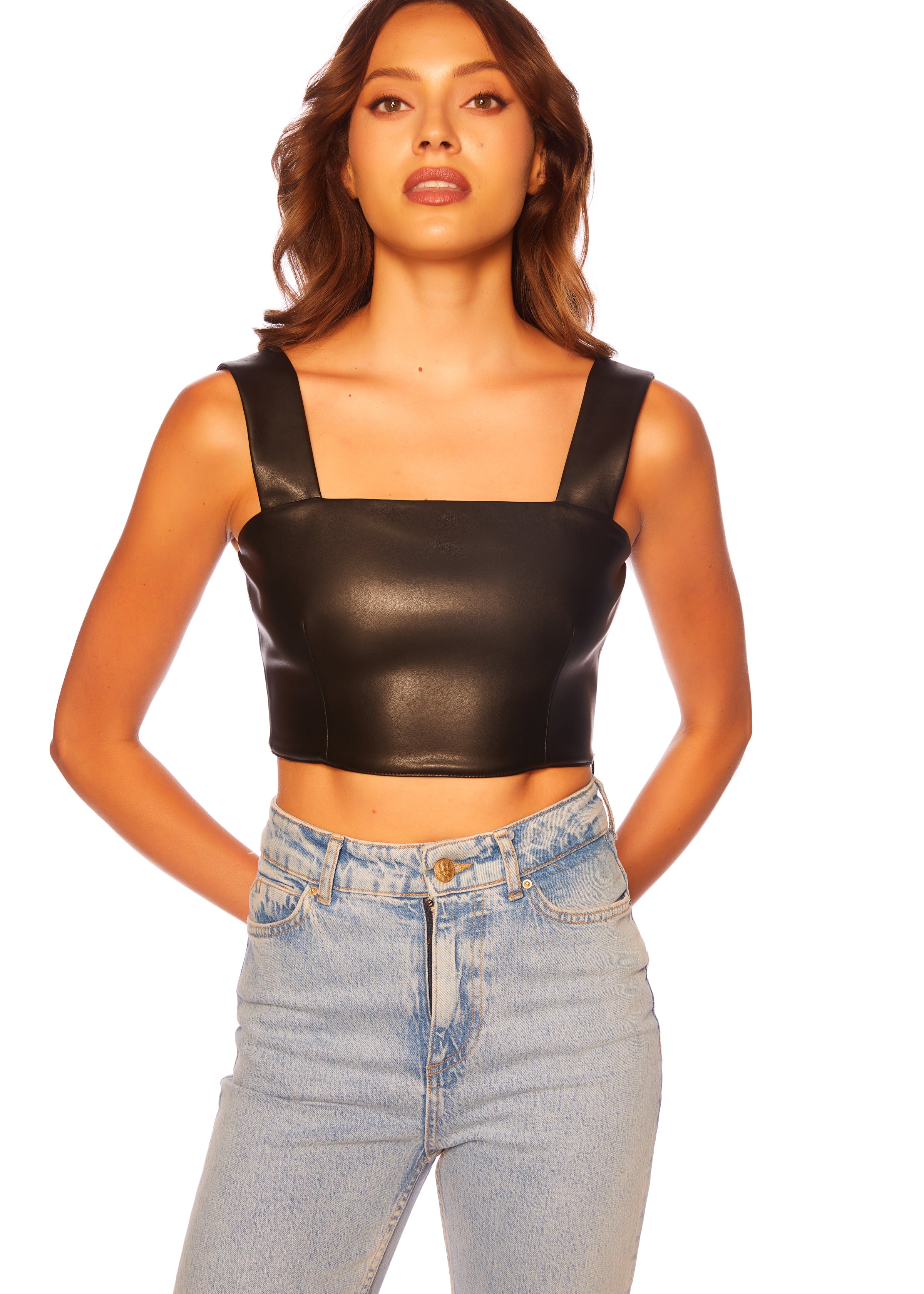 faux leather wide strap top
