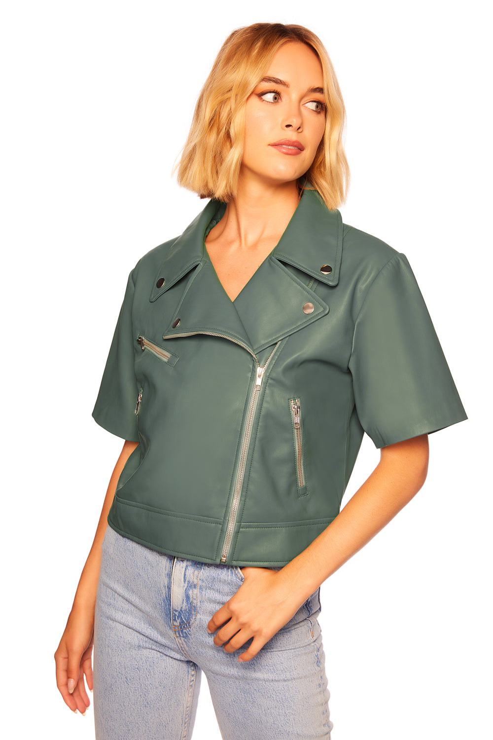 faux leather short sleeve crop moto jacket