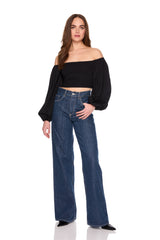 off shoulder puff long sleeve top