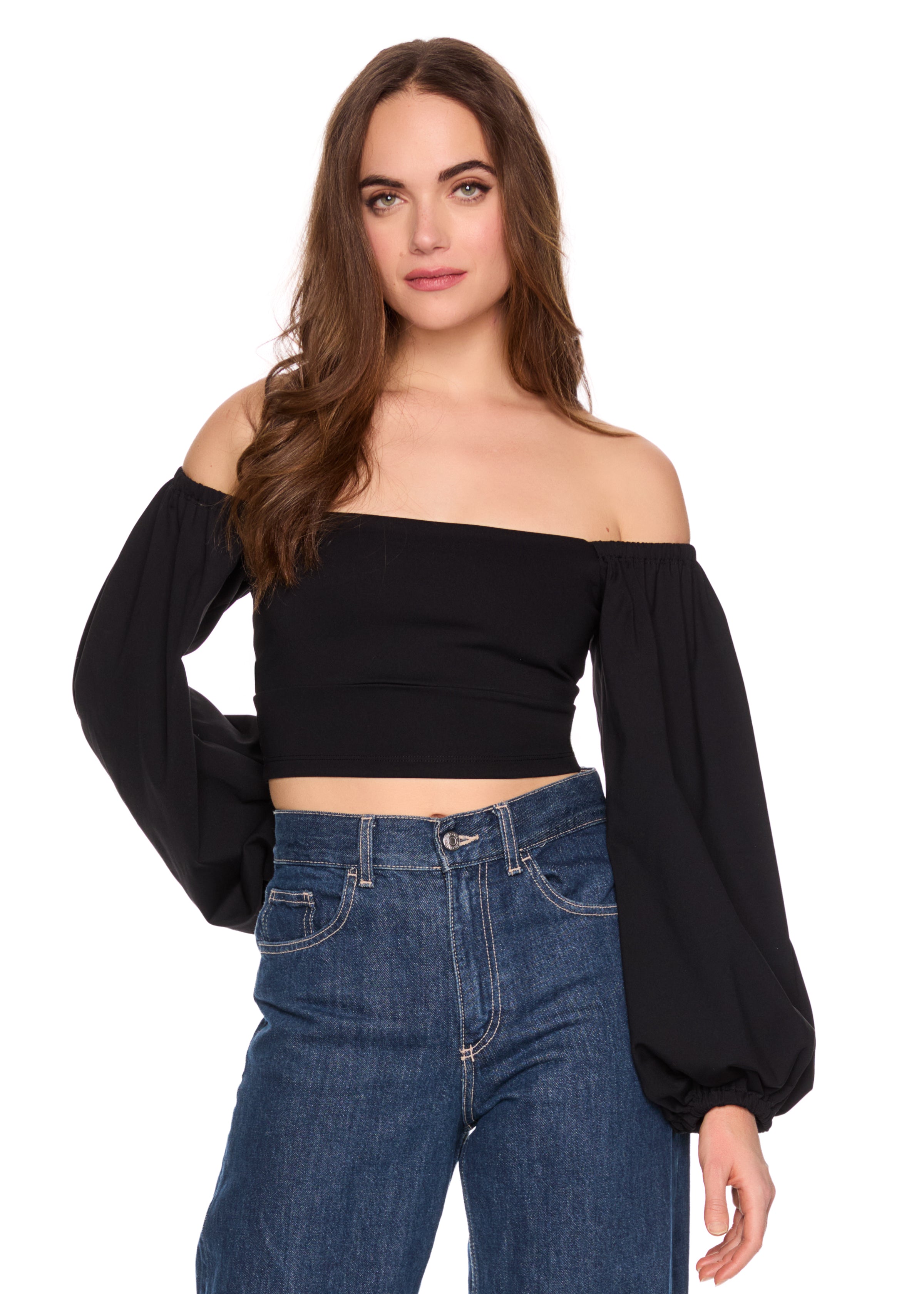 off shoulder puff long sleeve top