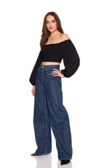 off shoulder puff long sleeve top