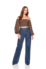 off shoulder puff long sleeve top