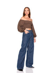 off shoulder puff long sleeve top