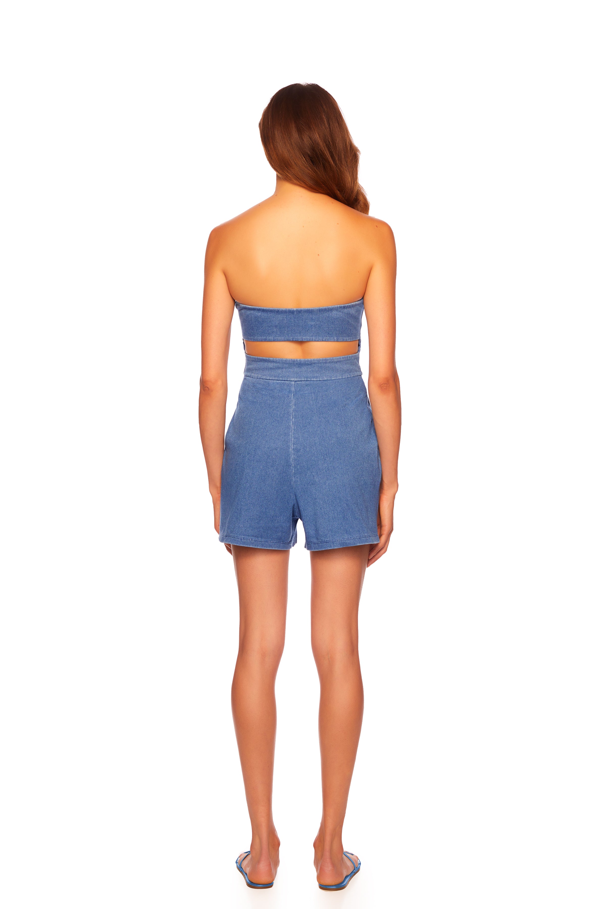 stretch denim tube romper