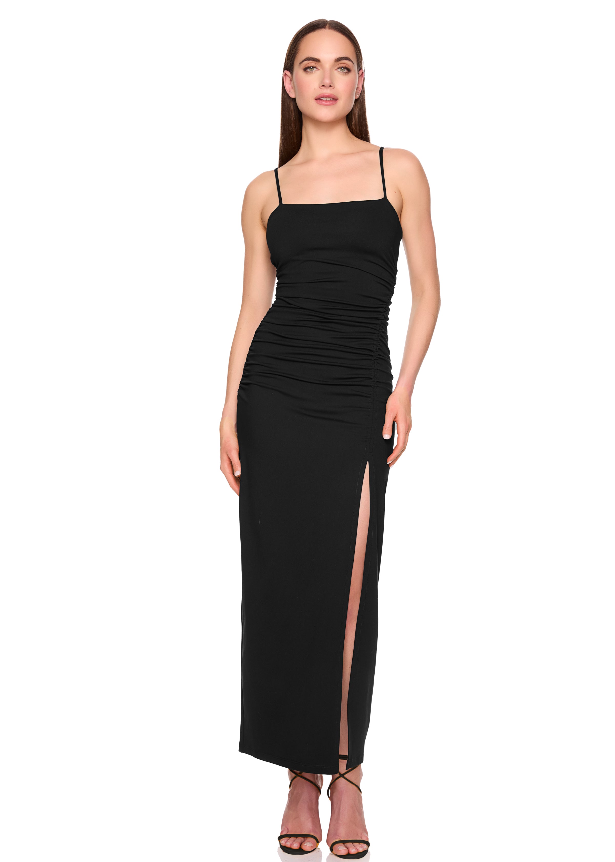 string gathered slit front dress