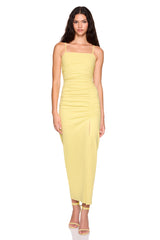 string gathered slit front dress