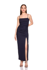 string gathered slit front dress