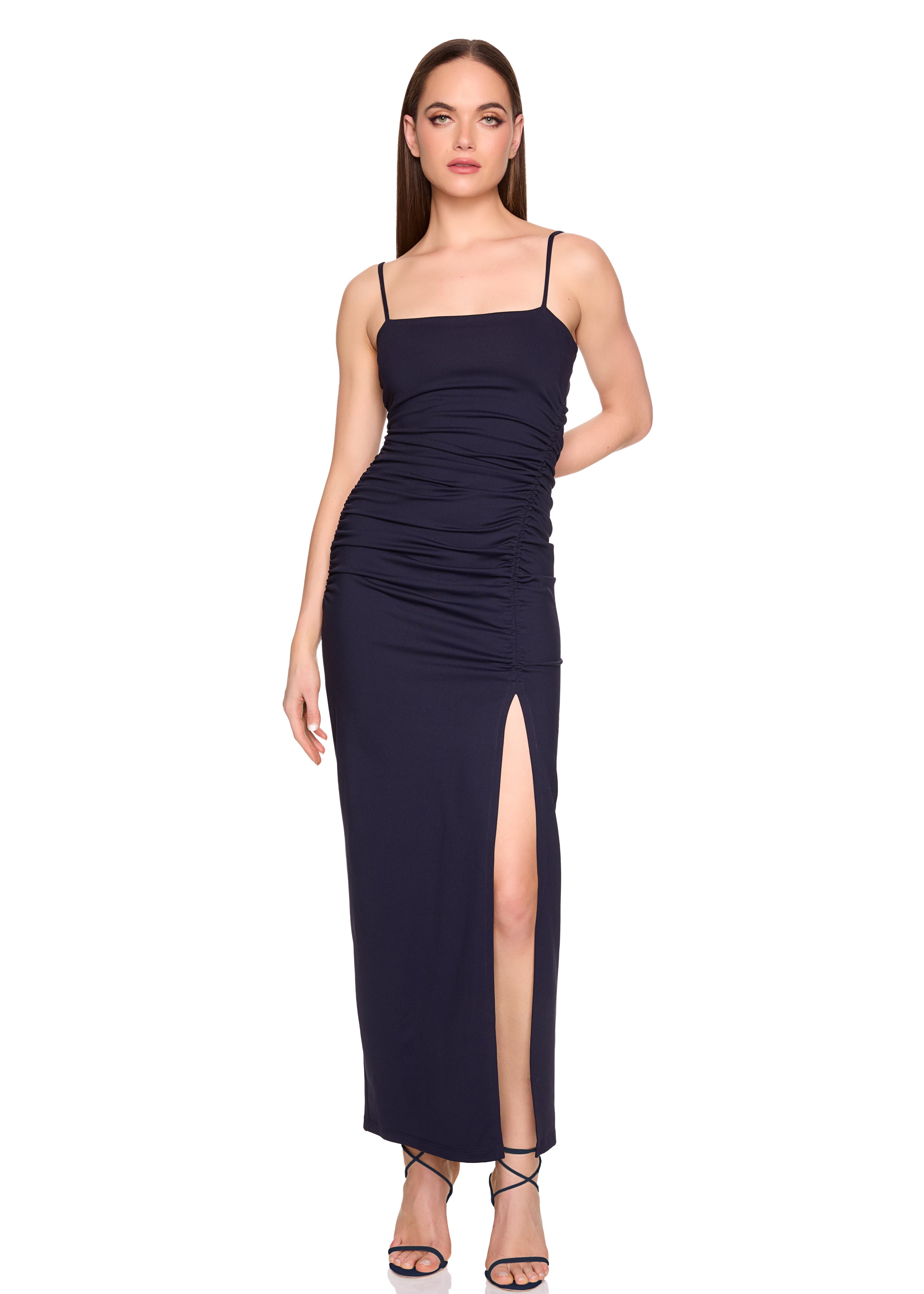 string gathered slit front dress