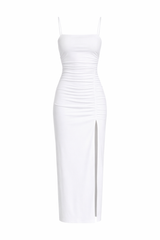 string gathered slit front dress