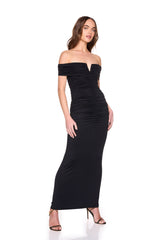 v wire gathered off shoulder dress