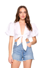 poplin bubble sleeve tie front top