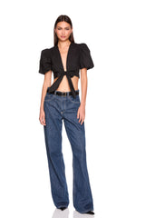 poplin bubble sleeve tie front top
