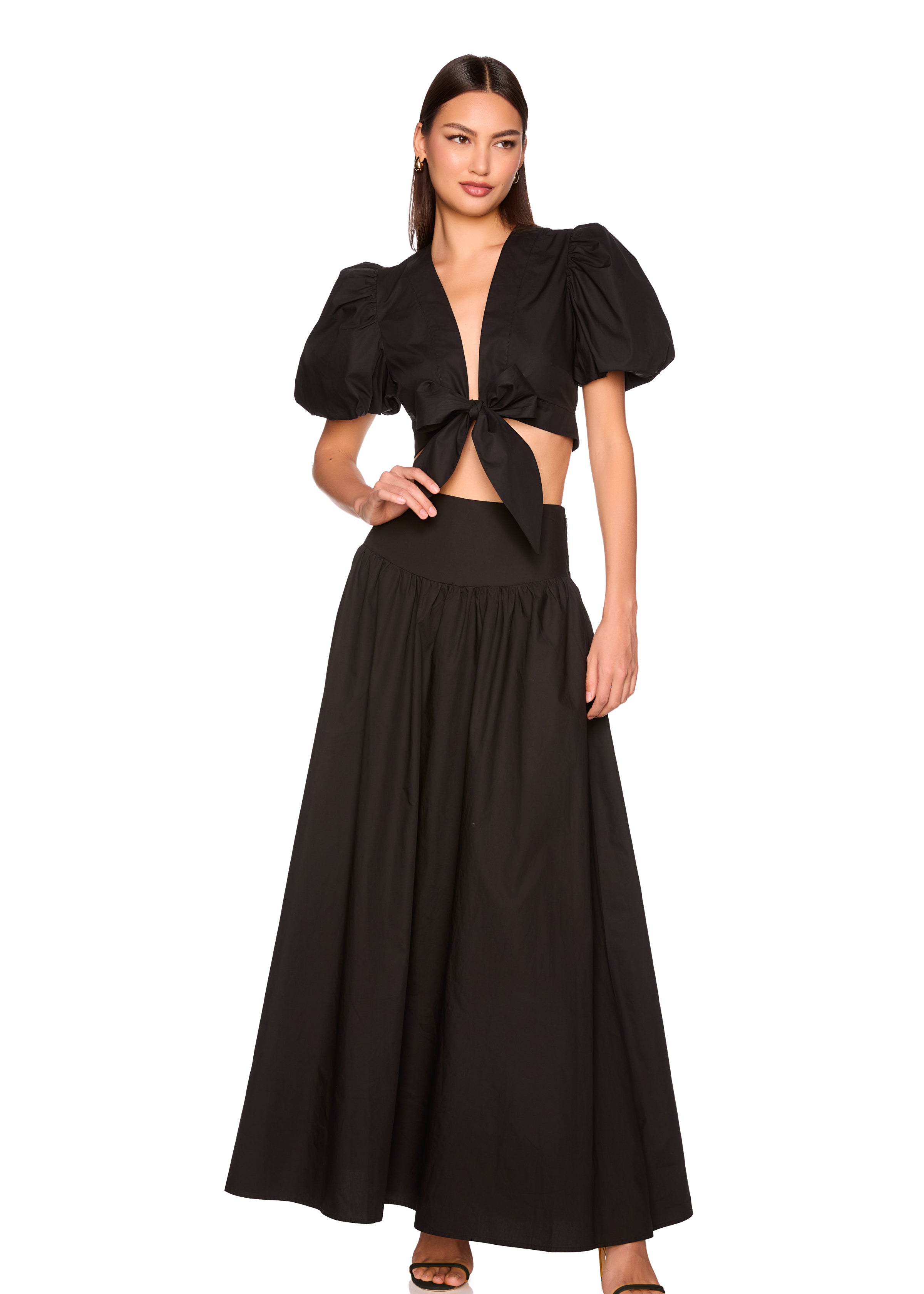 poplin bubble sleeve tie front top