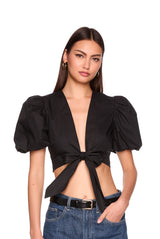 poplin bubble sleeve tie front top