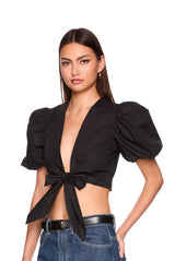 poplin bubble sleeve tie front top