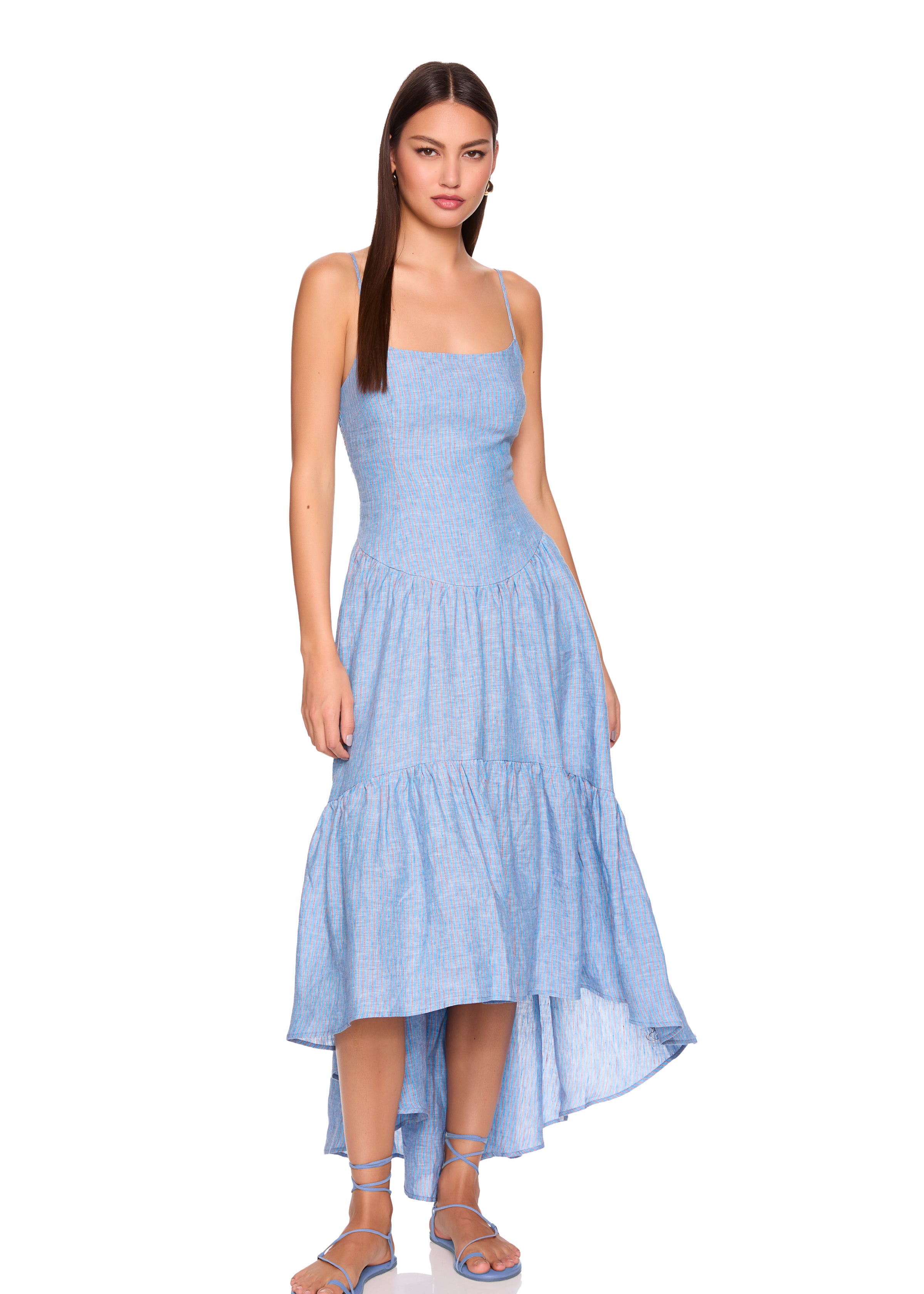 stripe linen string high low dress