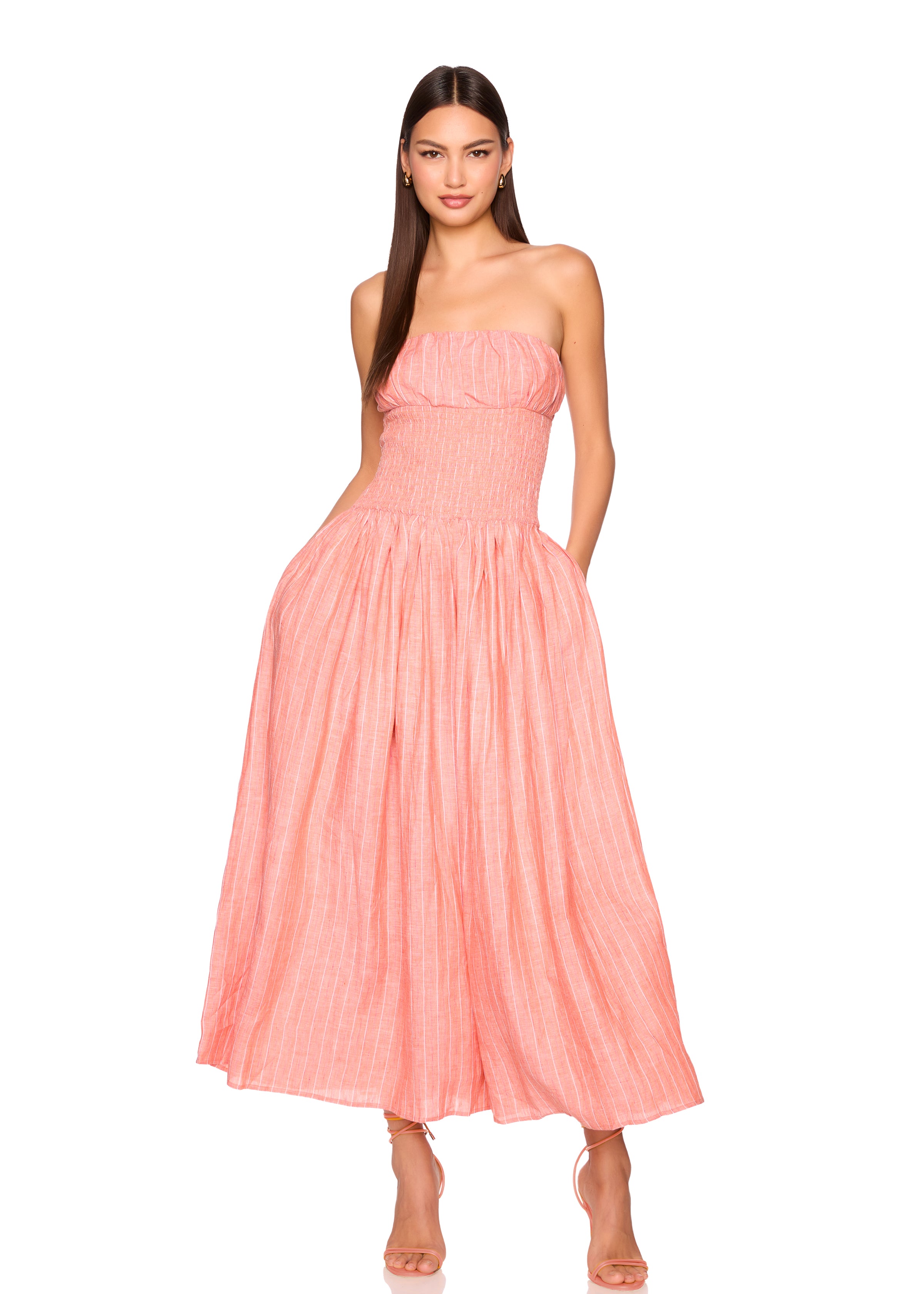 stripe linen smocked waist tube maxi dress