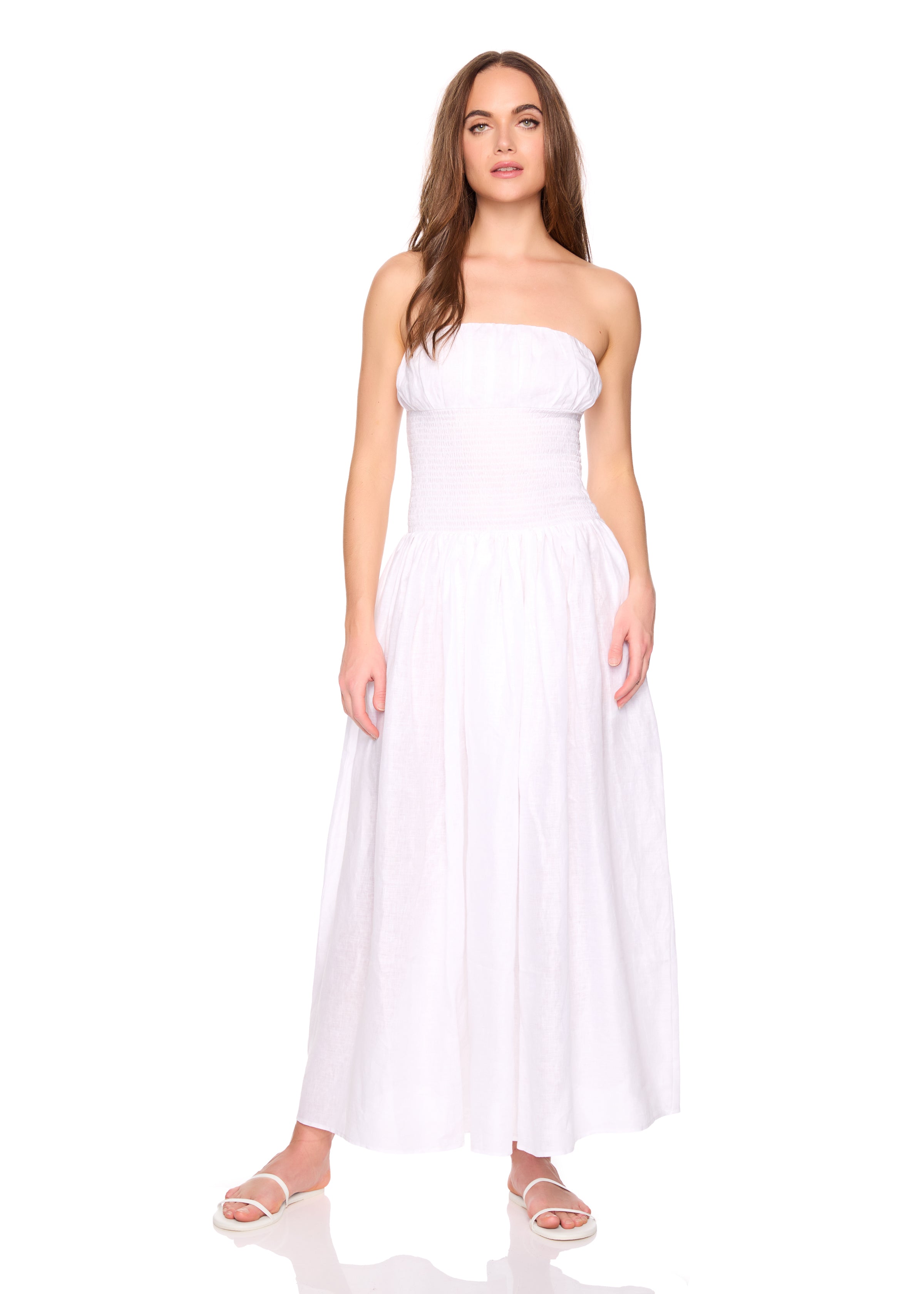 solid linen smocked waist tube maxi dress