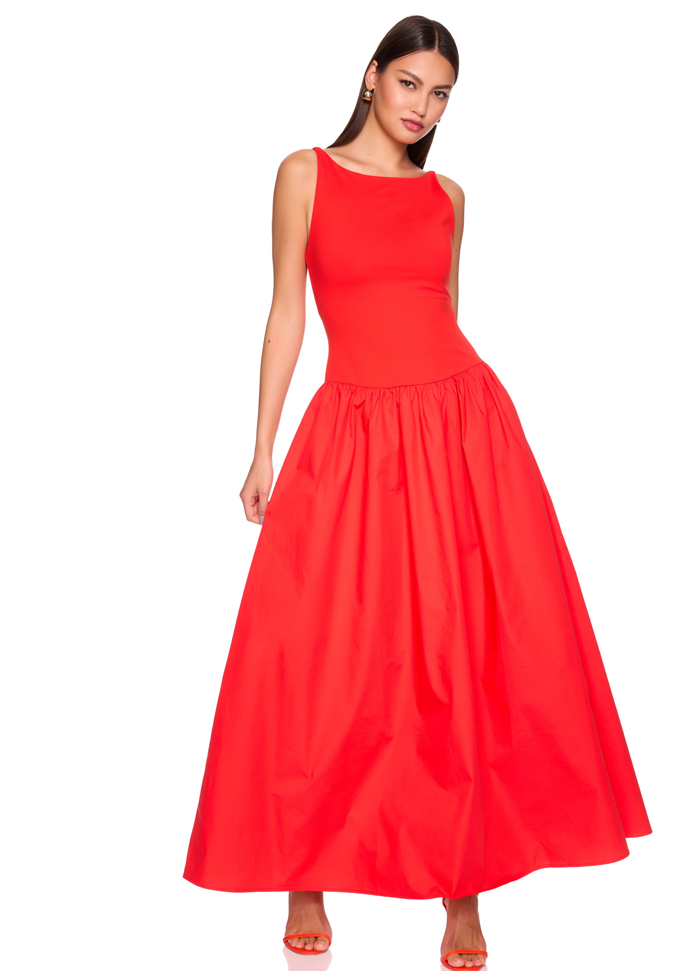 knit poplin boat neck low waist dress