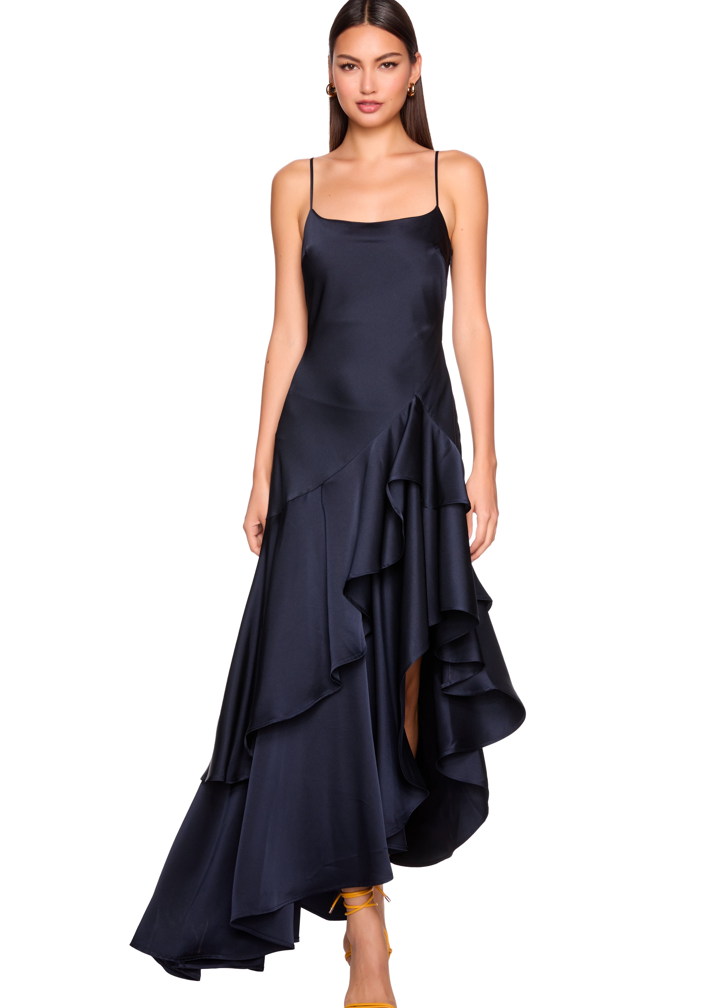 satin ruffle string dress