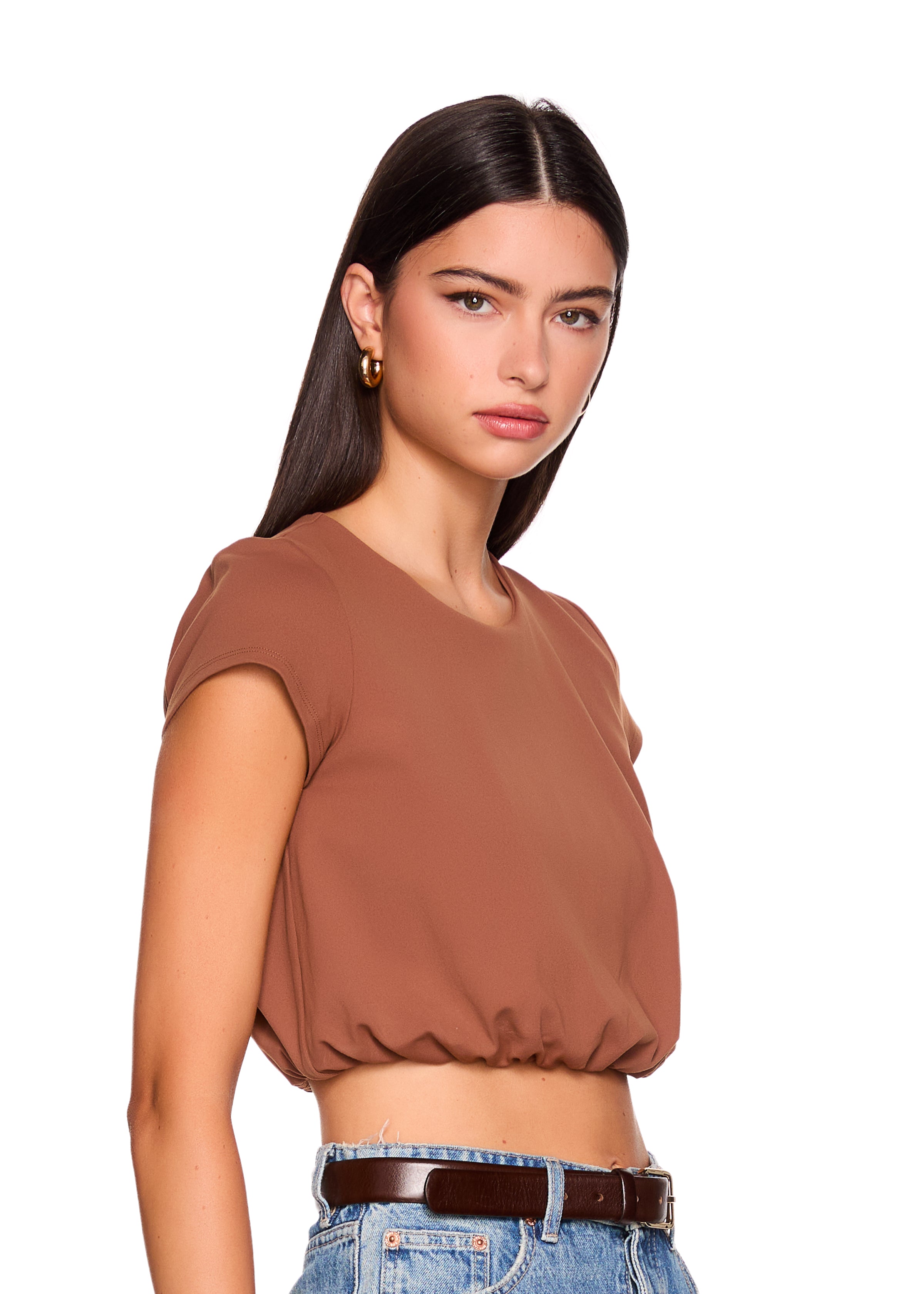 crew cap sleeve blouson top