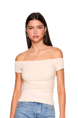 off shoulder gathered short sleeve top