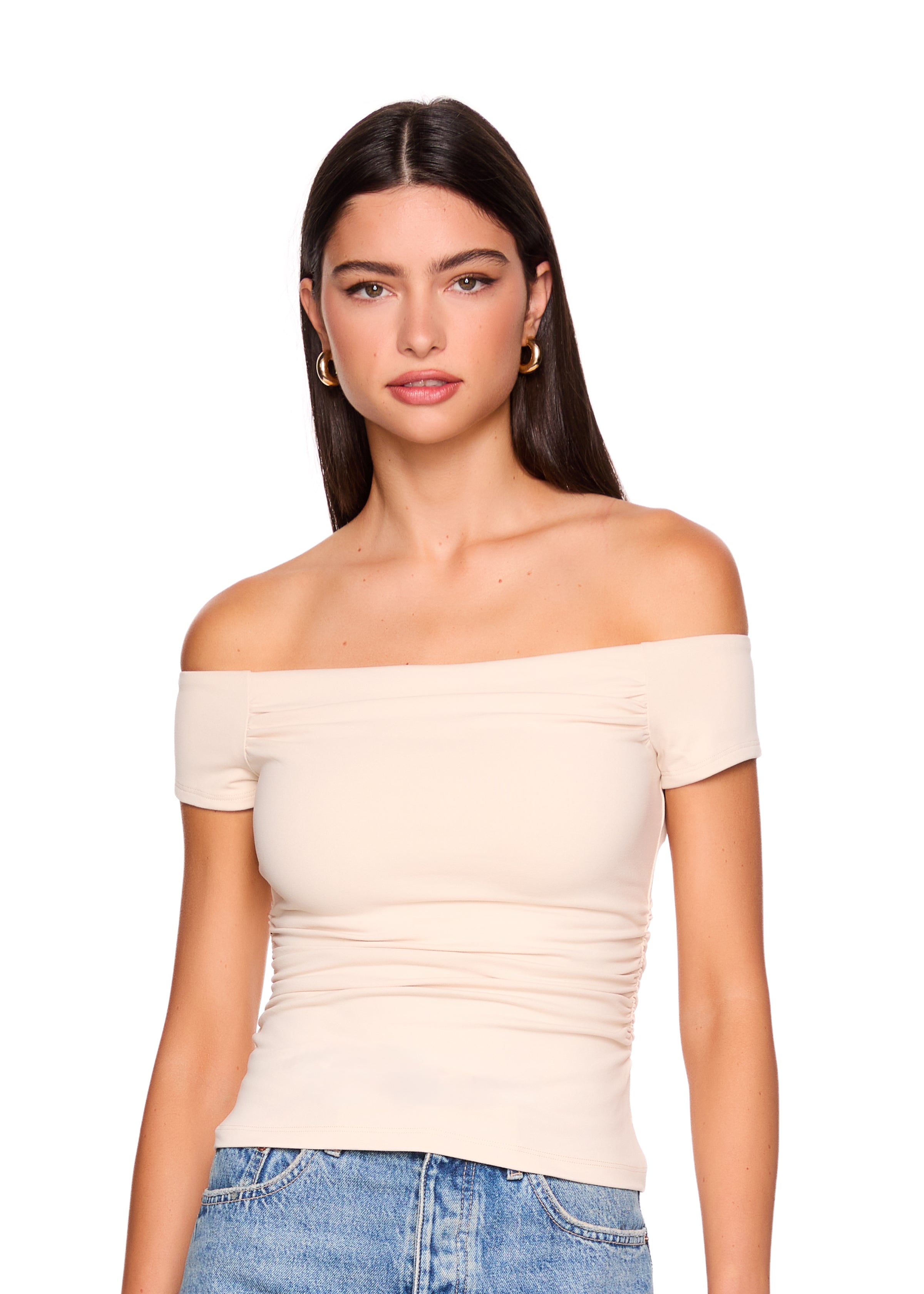 off shoulder gathered short sleeve top