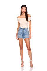 off shoulder gathered short sleeve top