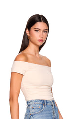 off shoulder gathered short sleeve top