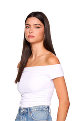 off shoulder gathered short sleeve top