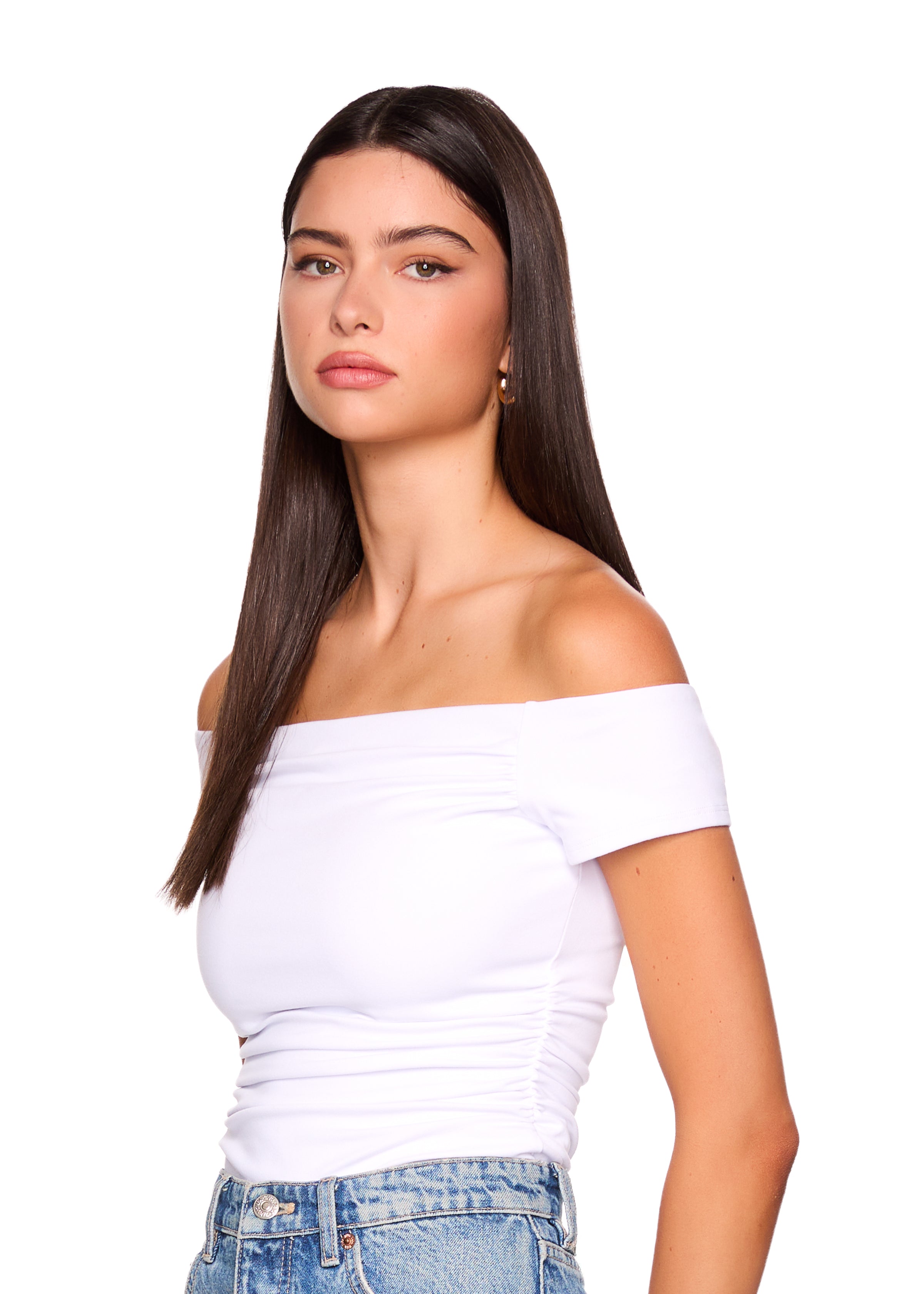 off shoulder gathered short sleeve top
