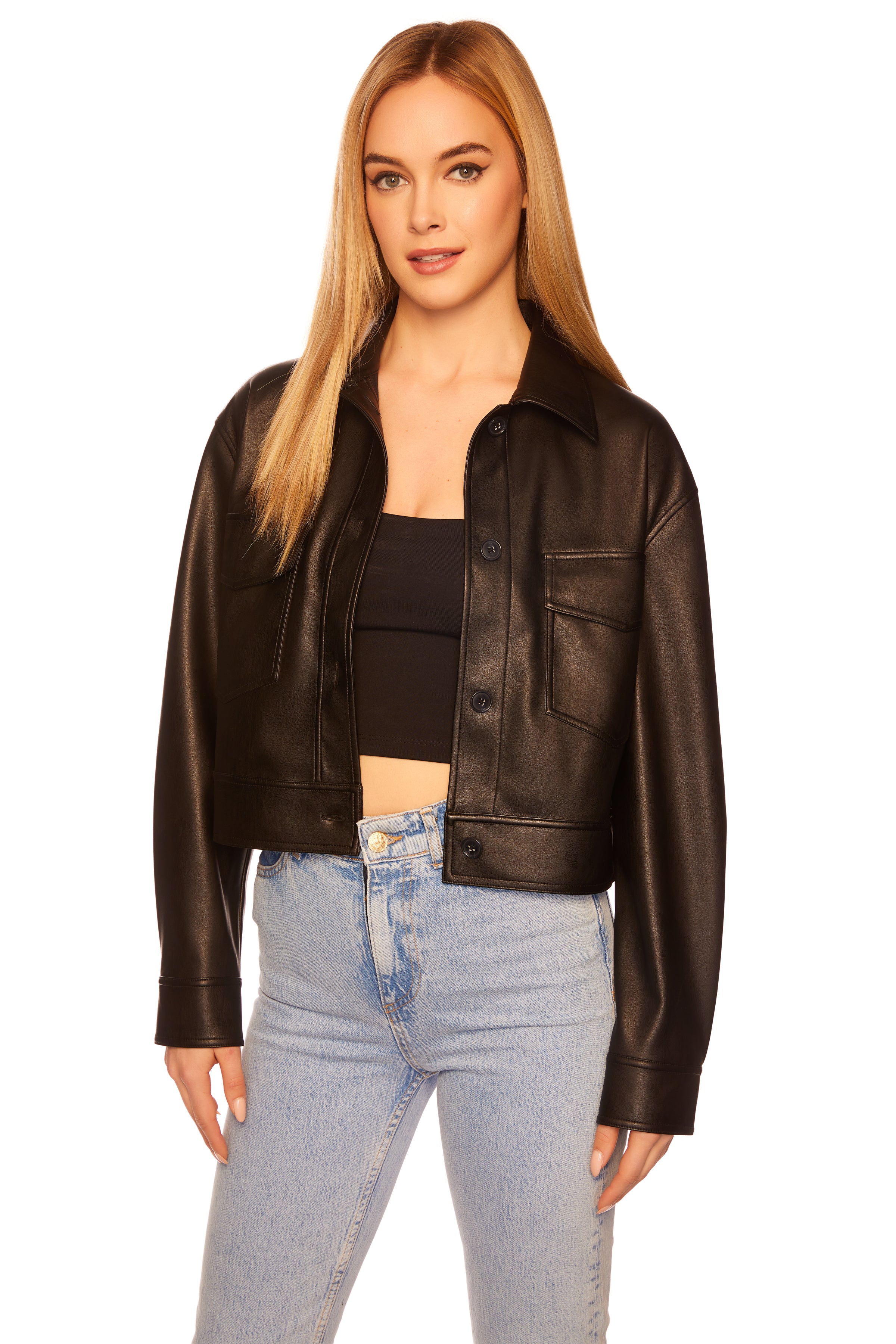 Faux Leather Crop Cargo Jacket In Blanched Almond
