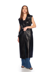 faux leather sleeveless trench black
