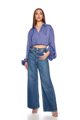 matte satin wrap poet sleeve top