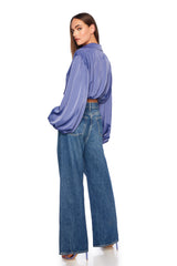 matte satin wrap poet sleeve top