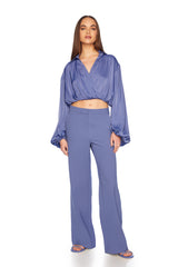 matte satin wrap poet sleeve top