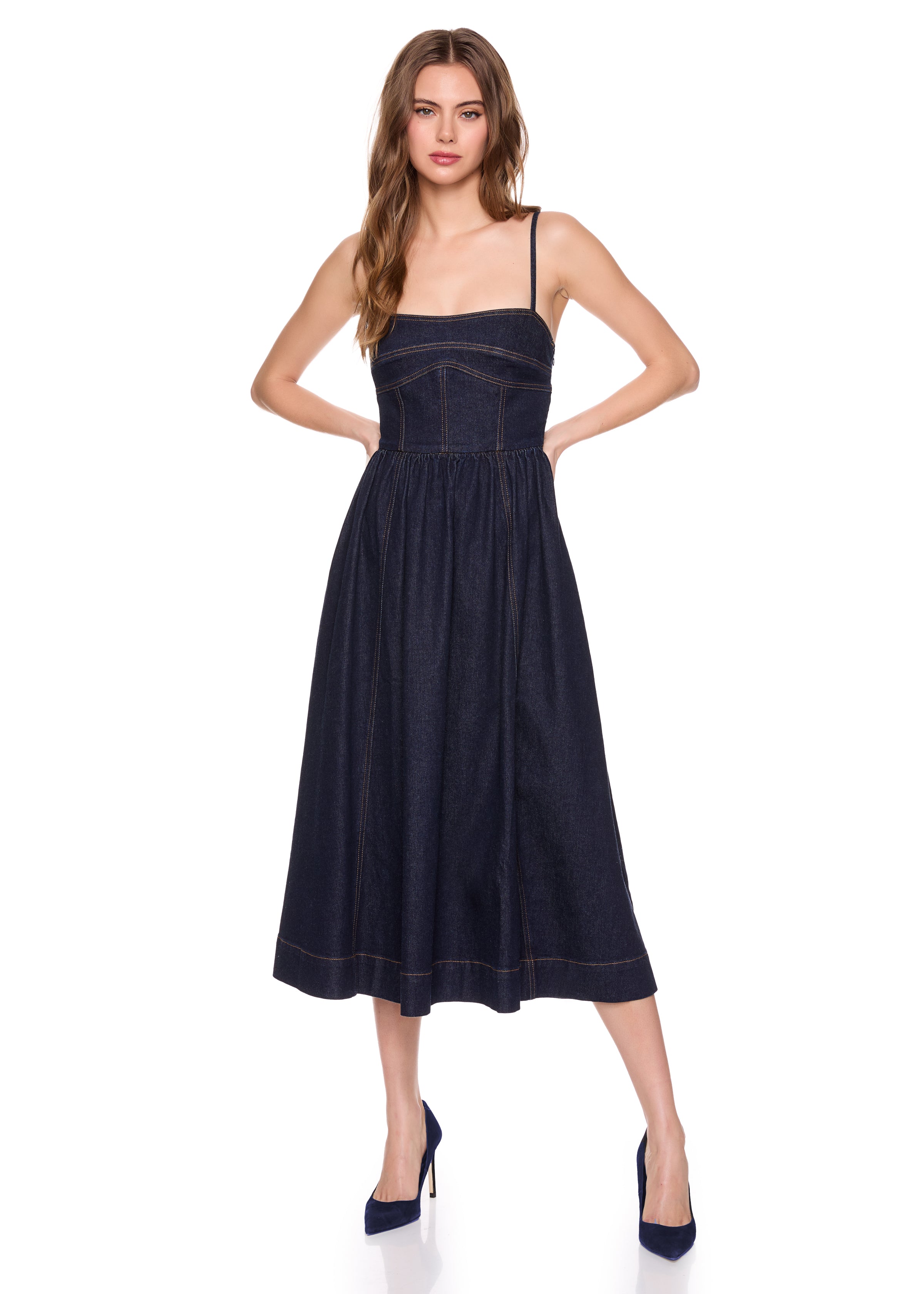 denim corset midi dress