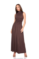 mock neck drop waist gathered dress