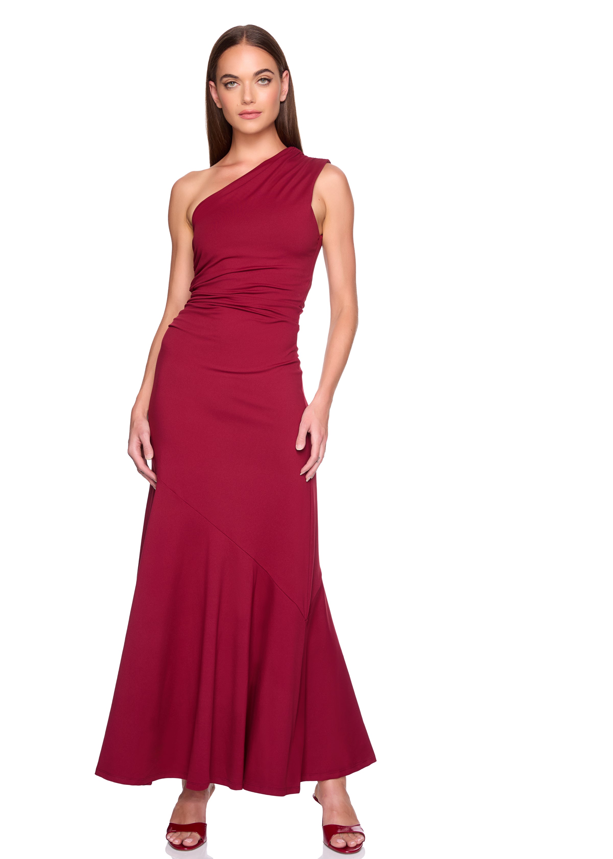 one shoulder flare dress