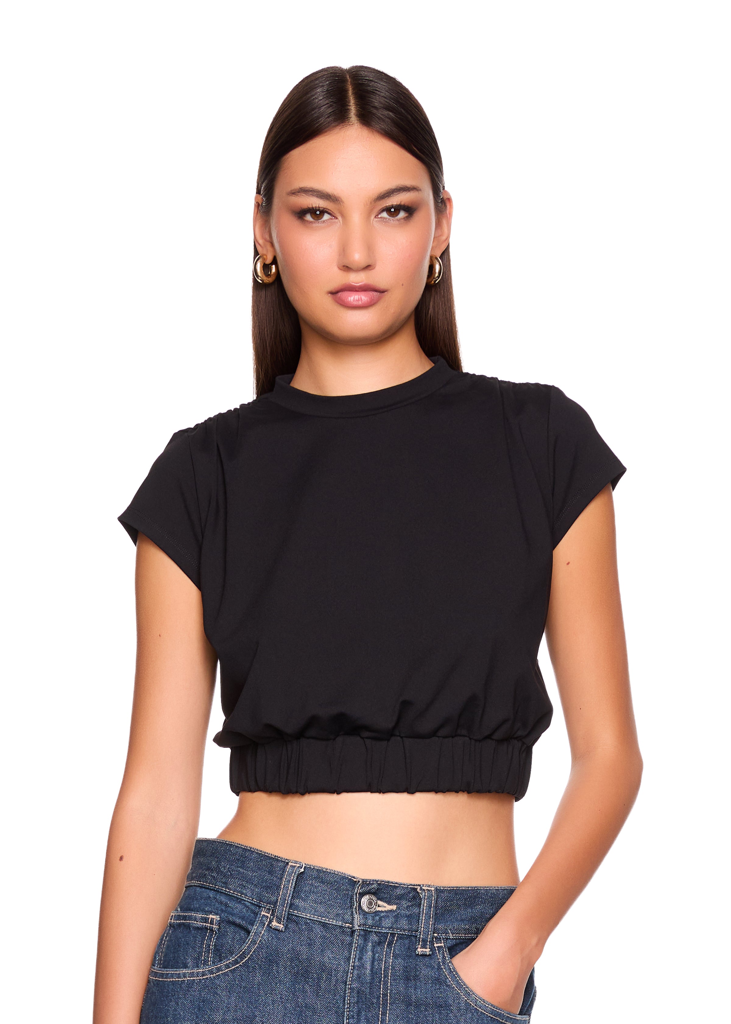 short sleeve gathered waist band top