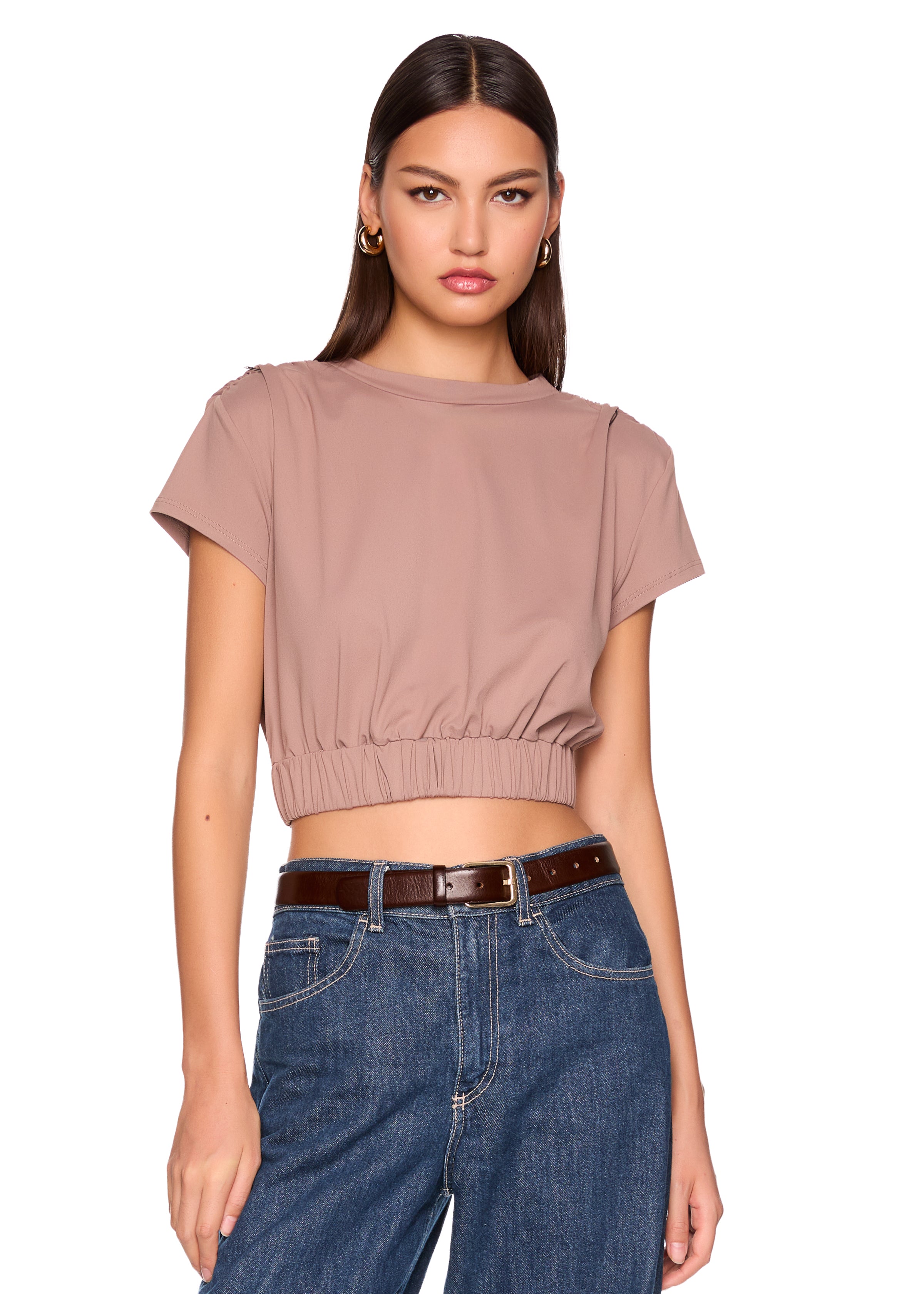 short sleeve gathered waist band top