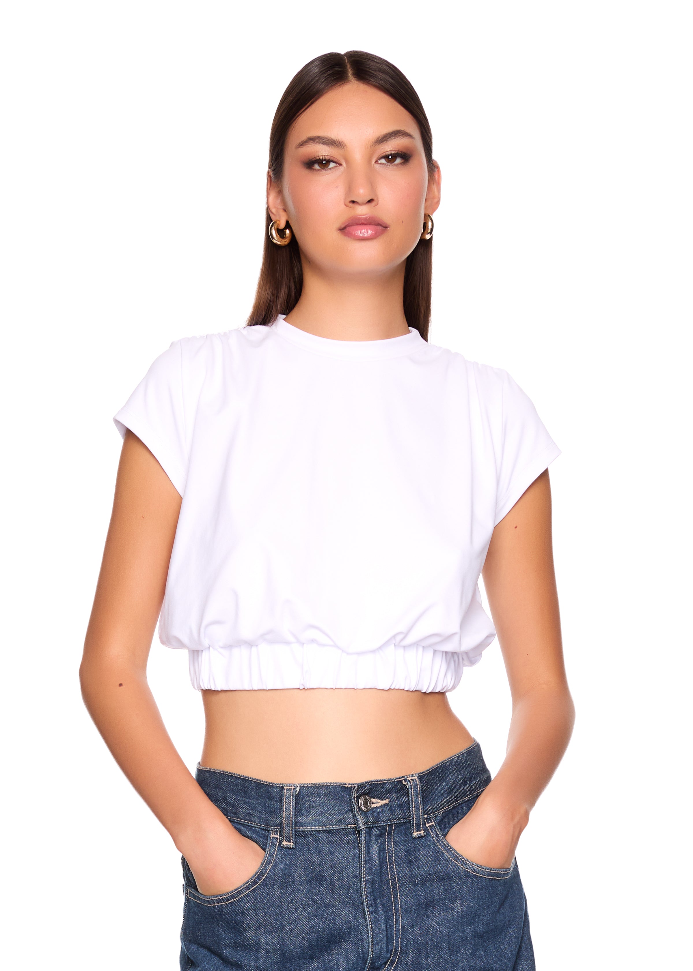 short sleeve gathered waist band top
