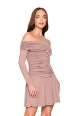 off shoulder gathered mini dress