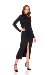 mock neck gathered long sleeve dress