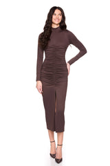 mock neck gathered long sleeve dress