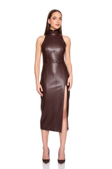 faux leather mock sleeveless slit dress
