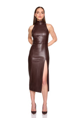 faux leather mock sleeveless slit dress