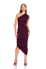 gathered one shoulder cut out dress