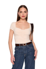 sweetheart short sleeve gathered top