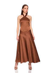 satin front tie halter dress